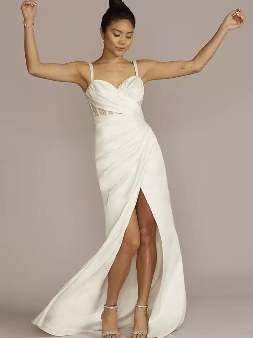 David’s Bridal Corset Bodice Pleated Sheath Wedding Dress Slit Size 6 NWT